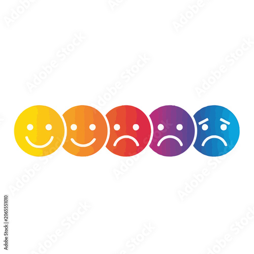 Five colorful flat emoji faces showing happy to sad expressions