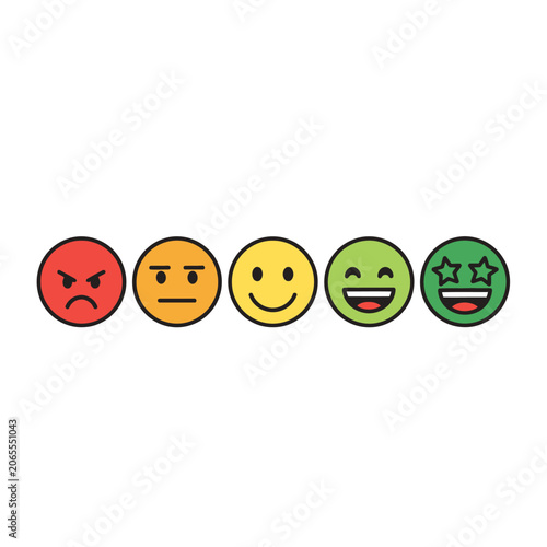 Five colorful satisfaction rating emojis from angry to happy