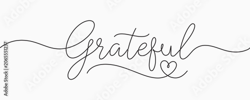Grateful calligraphy in continuous one line drawing style with heart symbol