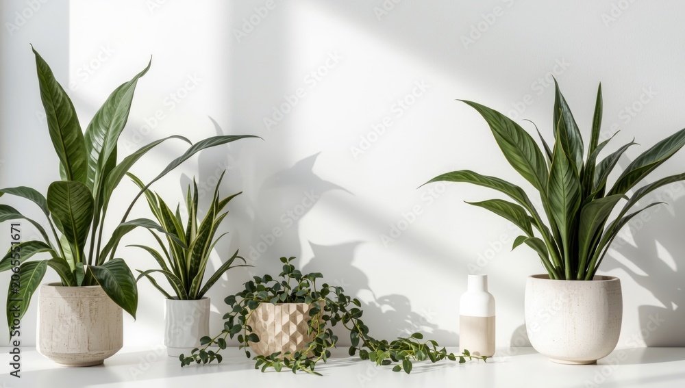 Fototapeta premium Potted plants on a white shelf with sunlight shadows