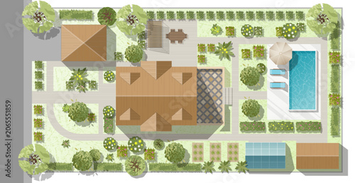 Landscape design plan with house, courtyard, lawn and garage top view. Highly detailed plan of country with modern cottage, garden, pond, pool. Vector illustration of Cityscape, Map of town, village