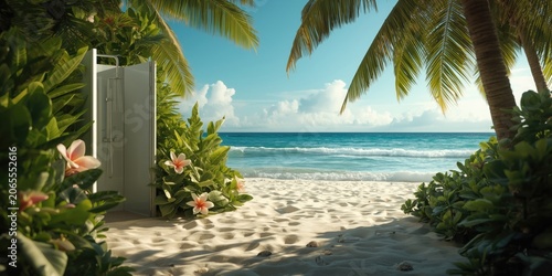 Restful ocean view shower enclave framed by abundant greenery and pristine sandy beach area