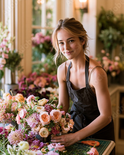 Flower arranging takes place in a bright shop filled with fresh blooms