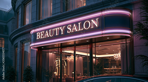 Beauty salon at night with lights shining in the city