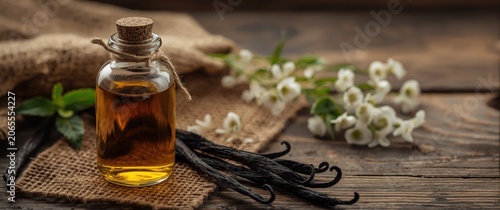 Vanilla extract bottle with vanilla pods and flowers on burlap