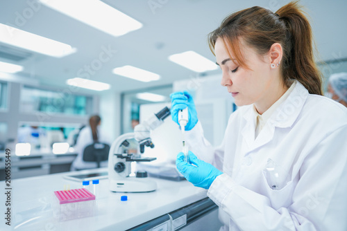 Photos Pharmaceutical researcher performing precise chemical aliquot application on test slide