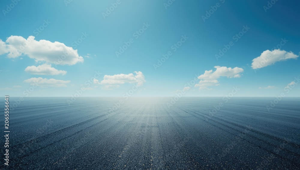 Obraz premium Large empty asphalt ground framed by a clear sky with gentle white clouds