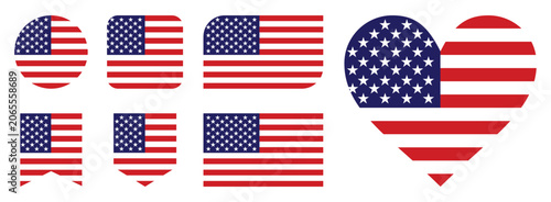 USA Flag Icon Set in Various Shapes Including Circle, Square, Heart, Shield and Badge Vector Collection Isolated on White Background