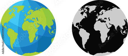 Schilderij op canvas Colorful and monochrome flat vector illustrations of planet Earth globes showing