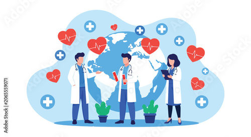 Medical team of doctors analyzing global healthcare data and patient heart health statistics with virtual cardiological diagnostics in modern clinic settings.