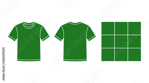 Set of green T-shirt templates with front and back views alongside a grid pattern