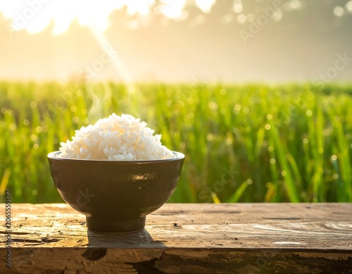 Steaming White Rice in Dark Bowl on Rustic Wooden Table by Green Field at Sunrise