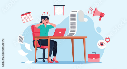 Foto Stressed businesswoman overwhelmed by work load sitting at desk with long list of tasks calendar clock and megaphone symbolizing deadline pressure in office