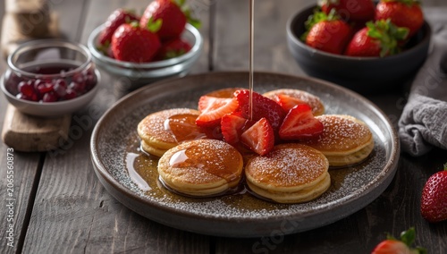 Pancakes topped with fresh strawberries and syrup on a plate