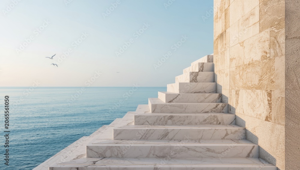 Fototapeta premium Serene view of marble stairs and stone wall leading toward peaceful ocean horizon