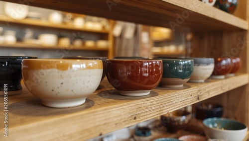 Wooden shelf featuring handcrafted ceramic bowls with glossy and matte glaze finishes in a lively retail environment