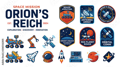 Space exploration mission patches and futuristic technology icons