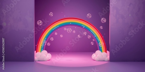 Colorful rainbow arch with bubbles in a purple room