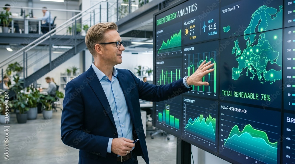 Fototapeta premium Man in Suit Analyzing Data Visualization on Large Screen Indoors