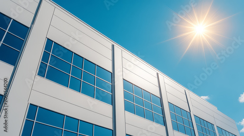 Modern factory building exterior with large glass windows bright sunlight and clear blue sky