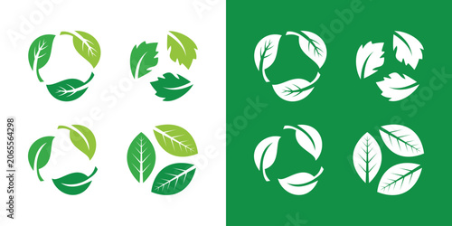 Ecofriendly leaf recycling symbols on white and green backgrounds.
