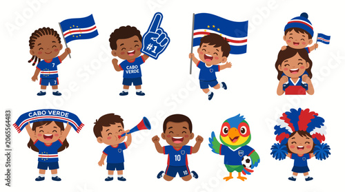 Cabo Verde soccer fans illustration collection featuring children supporters cheering with flags and sports gear