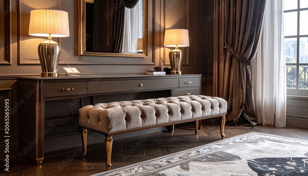 Fototapeta premium Elegant tufted velvet bench with ornate legs in a luxurious bedroom setting