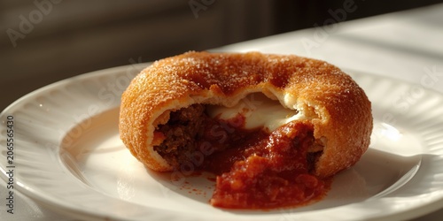 Sicilian specialty arancino with meaty ragu on a bright white plate
