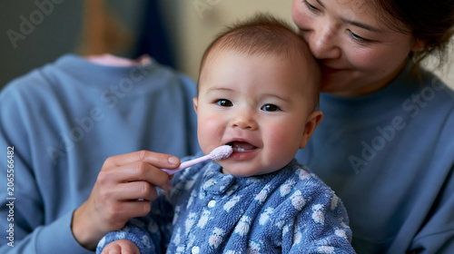 baby being fed with spoon by mother at home, infant nutrition meal care family lifestyle concept