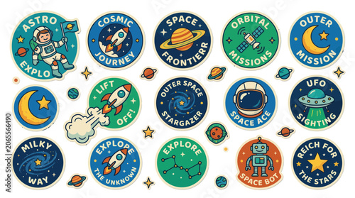 Vintage space exploration sticker set with rockets and astronauts