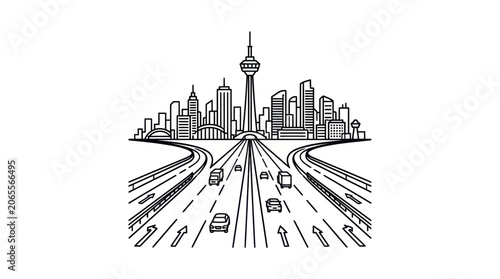 Urban landscape with multi-lane highway leading toward city center