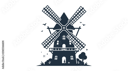 Traditional dutch windmill silhouette with birds and tree