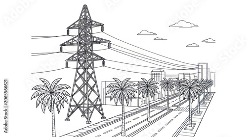 High voltage transmission tower near city street and palm trees