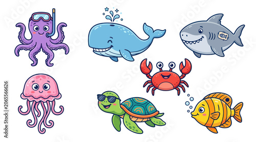 Cute sea animals collection with whale shark octopus and turtle