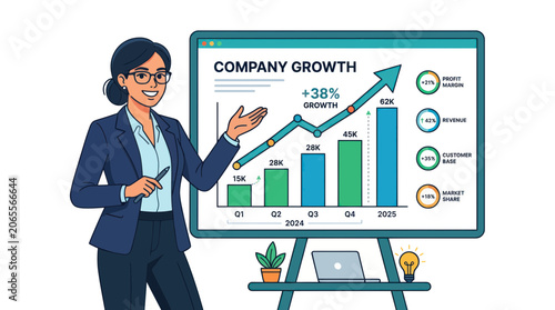 Businesswoman presenting company growth and financial data analytics