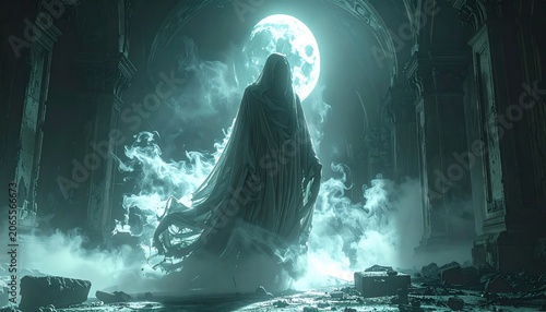 Ethereal phantom figure cloaked in shadow emerges from mystical fog with glowing moon above ancient ruins