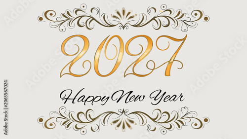 Golden Typography Spelling 2027 With Floral Ornament Vector Illustration