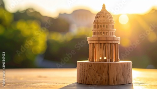 Exquisite handcrafted wooden miniature Capitol building bathed in warm golden hour sunlight