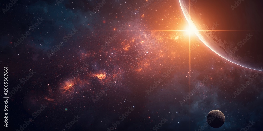 Fototapeta premium Space template featuring bright planets a rocket and sparkling stars
