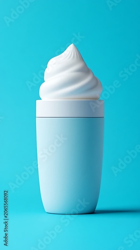 A light blue jar with a white lid and a generous amount of white cream