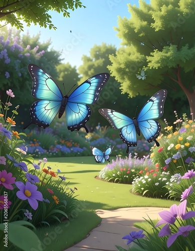 Vibrant Blue Butterflies Fluttering Above Flowering Garden Path in Sunlit Forest