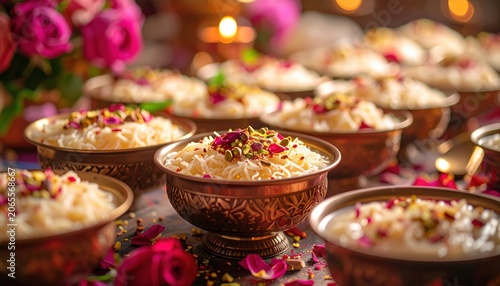 Generous bowls of sweet rice pudding adorned with pistachios and rose petals, presented in ornate copper dishes