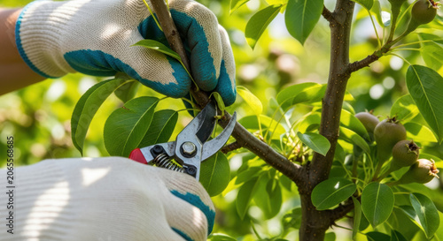 Gardener uses sharp pruning shears to carefully trim a fruit tree branch during a sunny afternoon in the orchard.