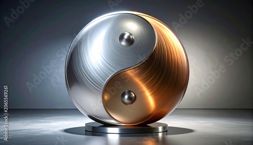 Gleaming Metallic Yin Yang Sculpture, Symbol of Balance and Harmony