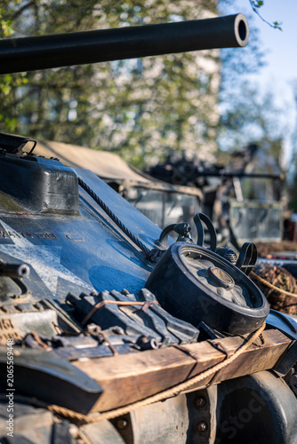 Fotografija Close up of a historic military tank barrel and armor with equipment during a World War II historical reenactment event