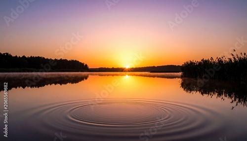 Golden hour sunset over a still lake with radiating water ripples