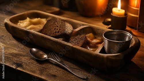 A wooden trencher with dark bread and a tin cup, cutlery reflecting warm light.
