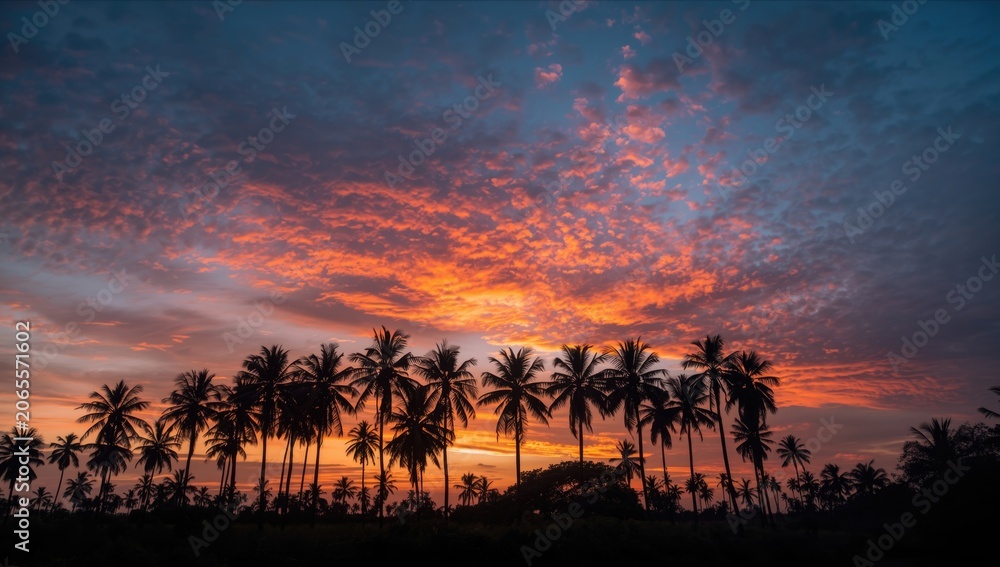 Fototapeta premium Silhouette of palm trees against a colorful sunset sky