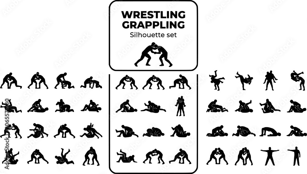 Fototapeta premium Wrestling Grappling Silhouette Set Black White Sport Bundle Vector Illustration Isolated White Background