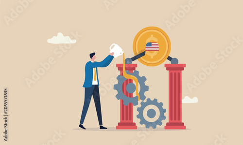 Cuadro en lienzo Financial or, polic to help lubricate economy concept, businessman put lubricant